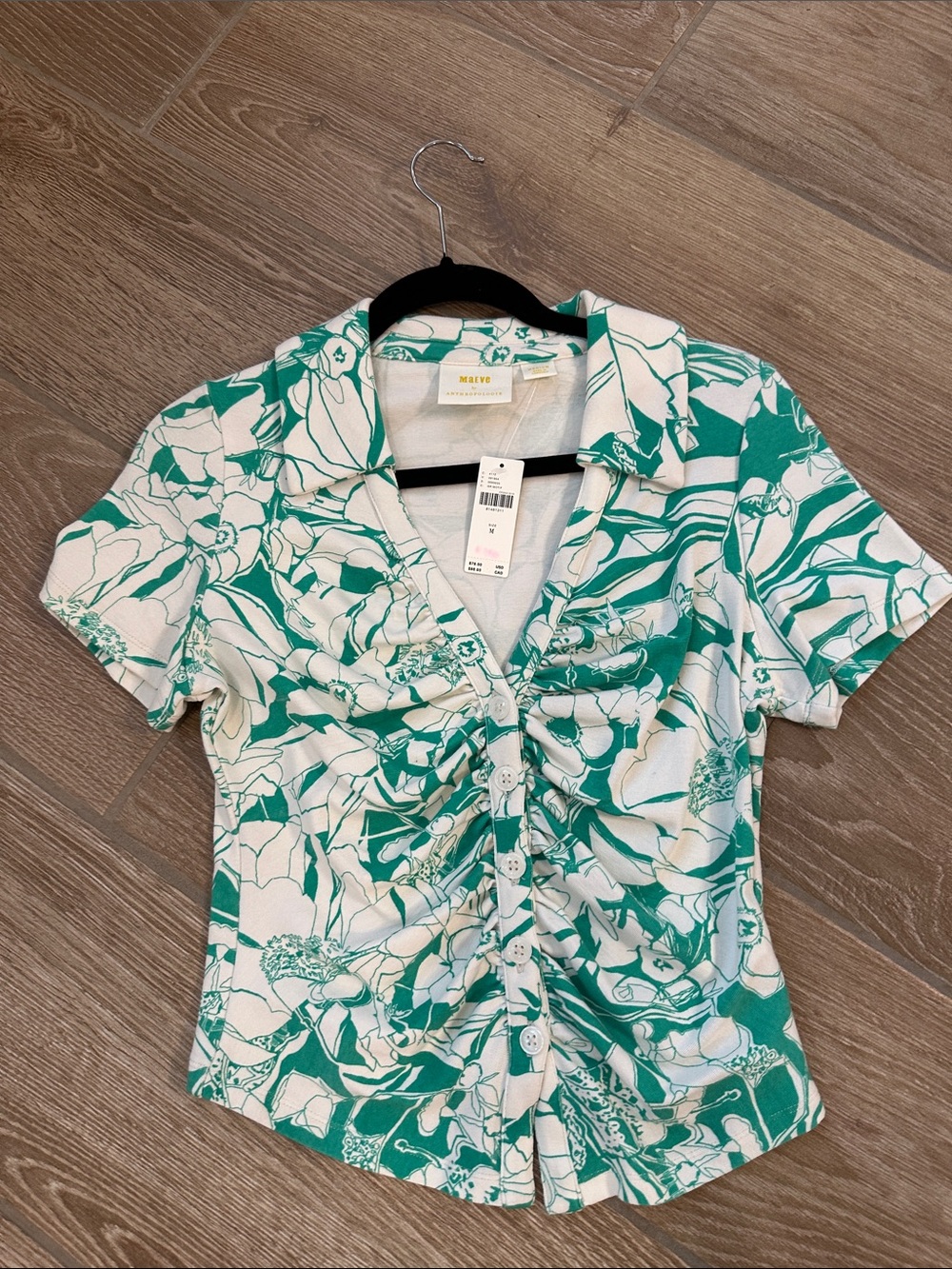 Anthropologie Green & White Floral Ruched Button-Down Top